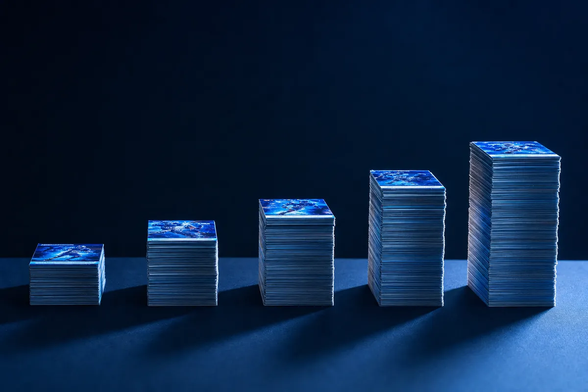 Five stacks of trading cards of increasing height casting long shadows