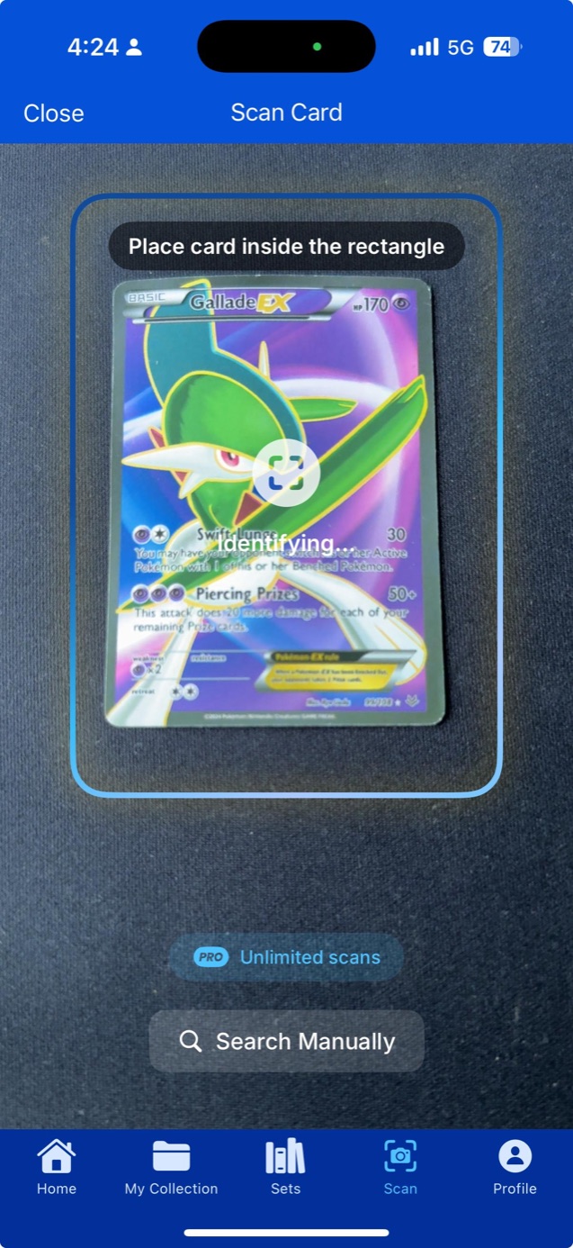 Camera view scanning a holographic card, showing the identifying state over the card