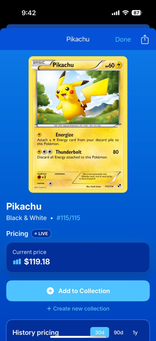 Card detail screen showing set name, collector number 115/115 and current market price
